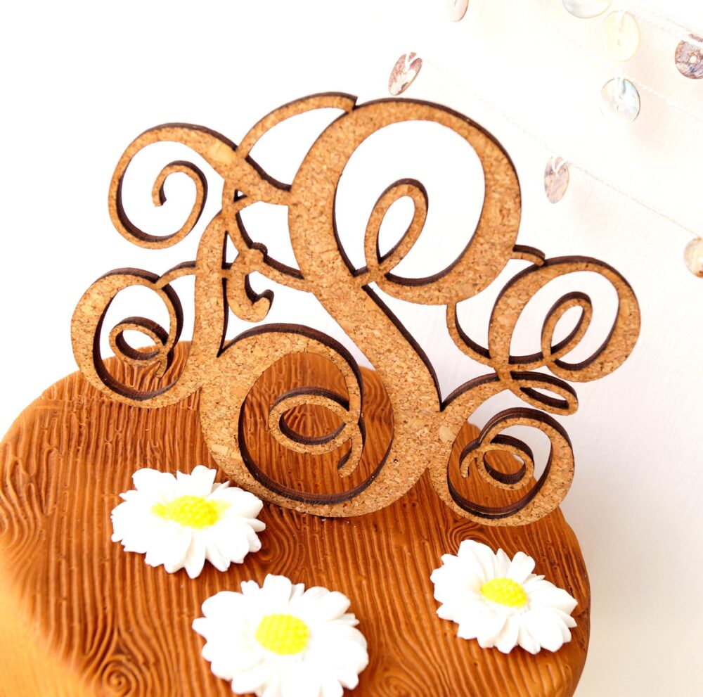 Monogram Cake Topper, Wedding Personalized Cork Rustic Custom Made Initials Decor