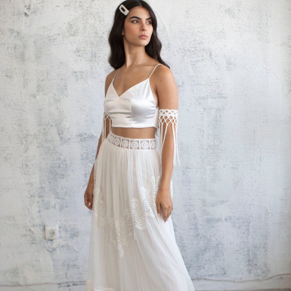 Boho Wedding Separates Silk Satin Top & Tulle Maxi Skirt