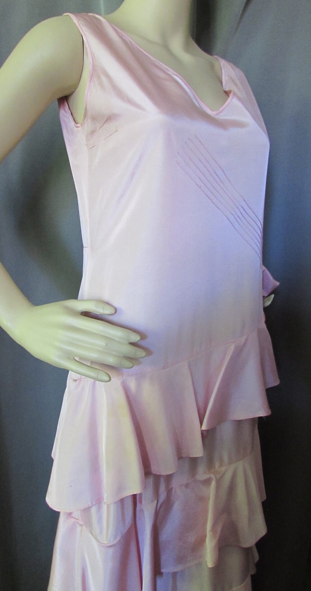 1930 Era Art Deco Long Gown Peony Pink Diagnoal Flounces Satin Flower Taffeta Wedding Dress Formal Flapper Fashion