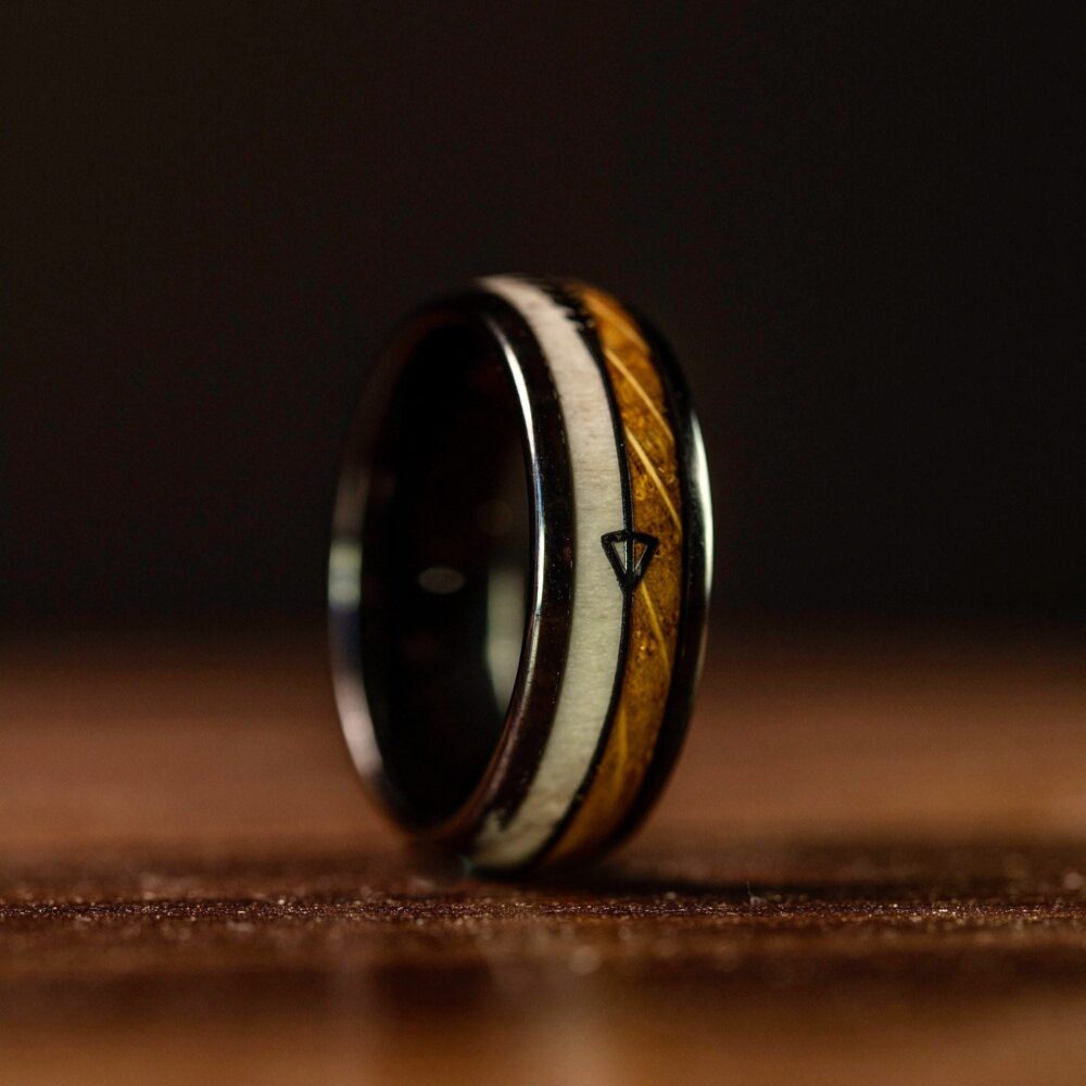 Deer Antler Wedding Ring Whiskey Barrel Wood Inlay, Ceramic Titanium Band | 8mm