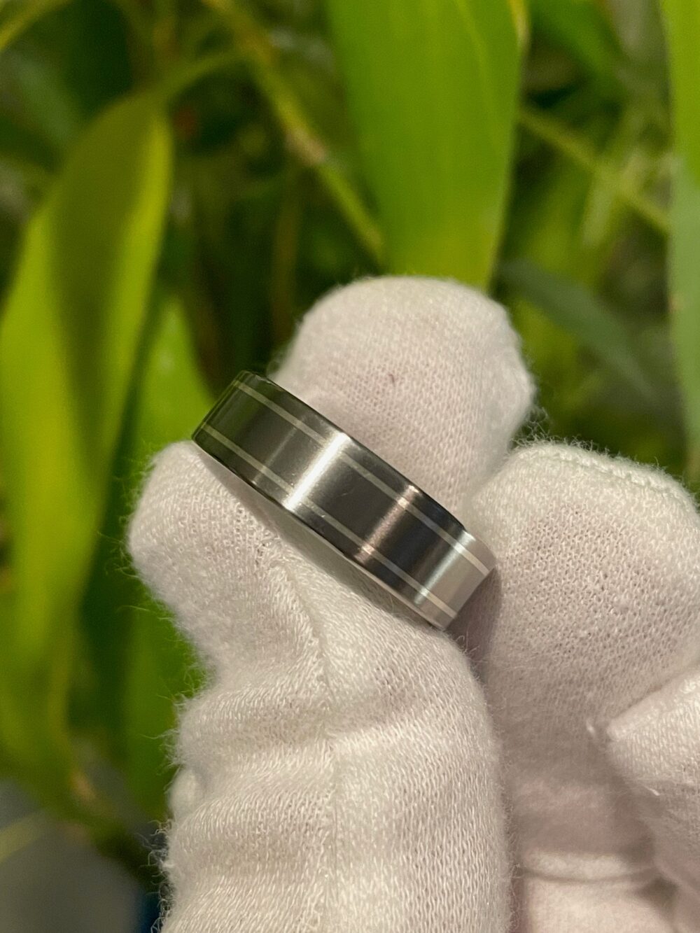 Wedding Ring, Titanium Band With Silver Pinstripe Inlays, Satin Finish Ring