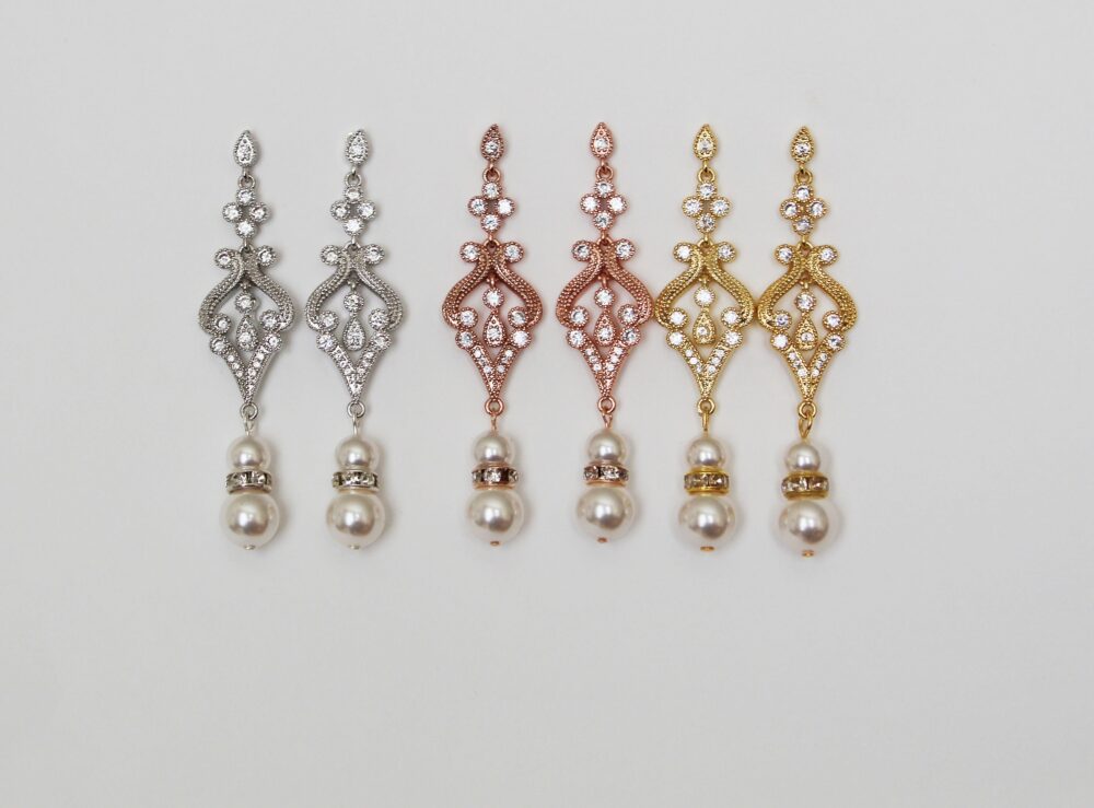 Filigree Long Bridal Pearl Cz Crystal Earrings Back Drop Necklace, Rose Gold Gift Set, Bridal Earrings, Gold Necklace Xy1