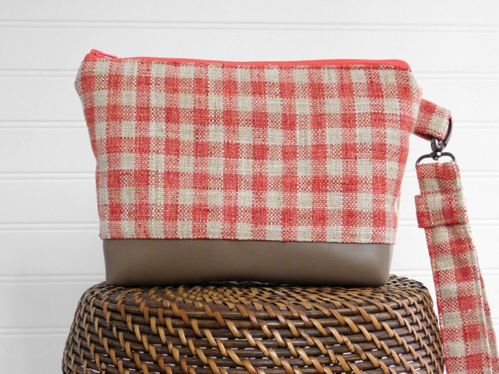 Orange & Tan Small Purse, Vegan Leather Wristlet Clutch Bag, Plaid Crossbody Ladies Handbag, Beige Coral Handbag