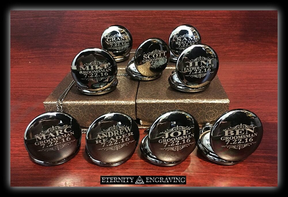 10 Groomsmen Gifts- Silver Custom Engraved Pocket Watches - Finish -Personalized Gift -10 Wedding Set