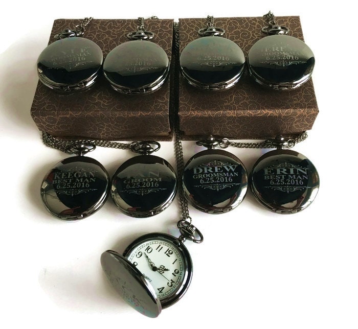 10 Groomsman Gifts - Black Engraved Pocket Watches -10 Black/Gunmetal Finish -Personalized Gift-Wedding Gifts For Him