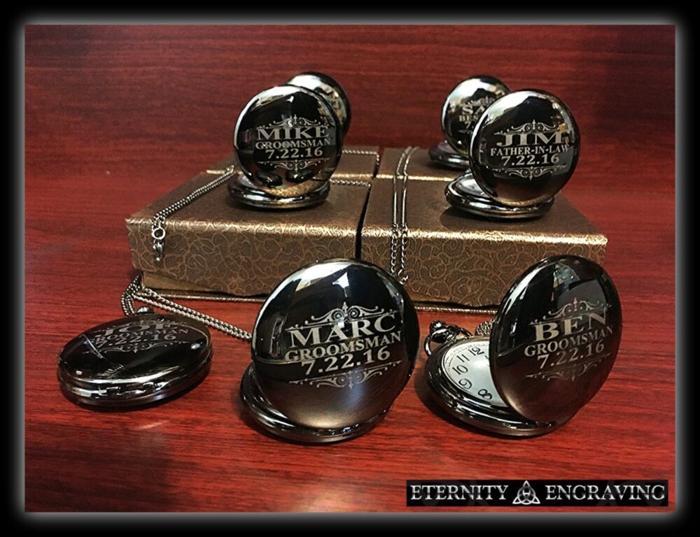 7 Personalized Groomsmen Gifts - Laser Engraved Pocket Watches Silver Finish Gift Wedding