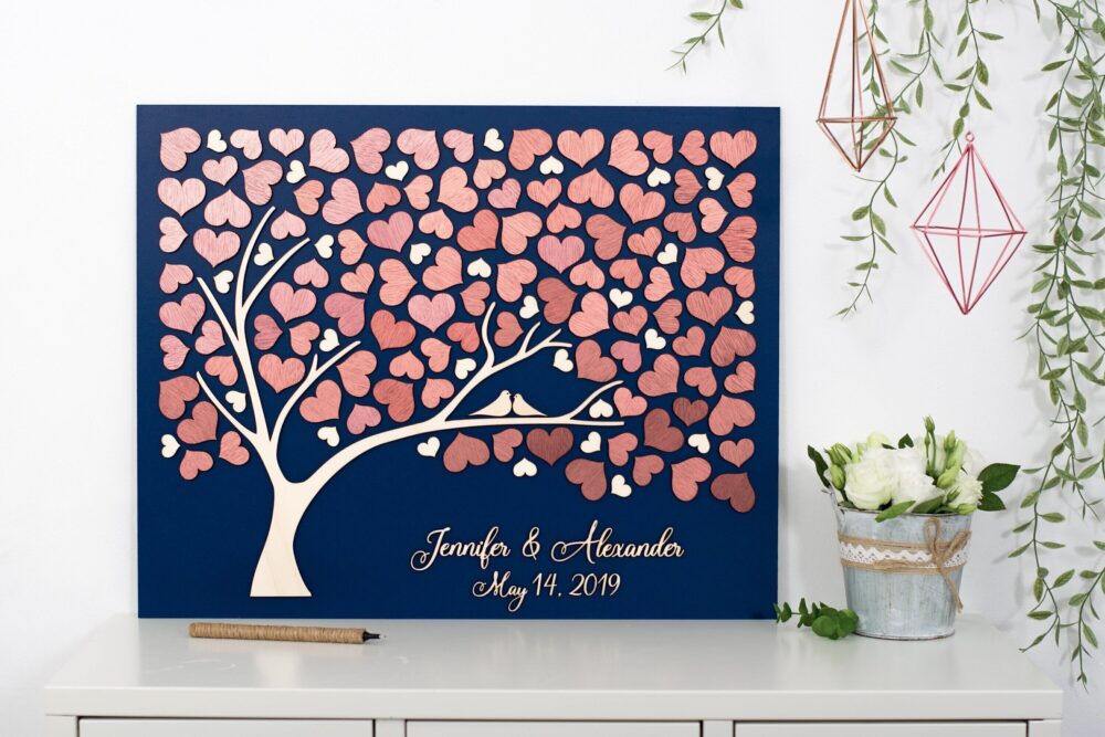Rose Gold Tree Wedding Guest Book Alternative Tree Wood Custom Unique Hearts Leaves Rustic Wedding Wooden Tree Of Life