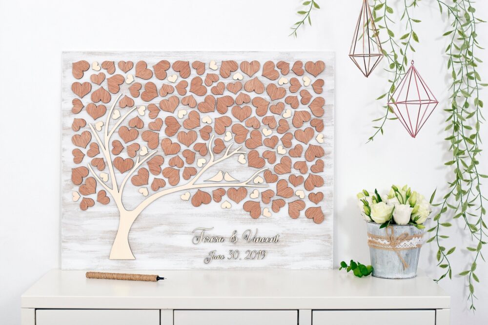3D Love Tree Wedding Guest Book Alternative Tree Wood Custom Unique Hearts Leaves Rustic Wedding Wooden Tree Of Life