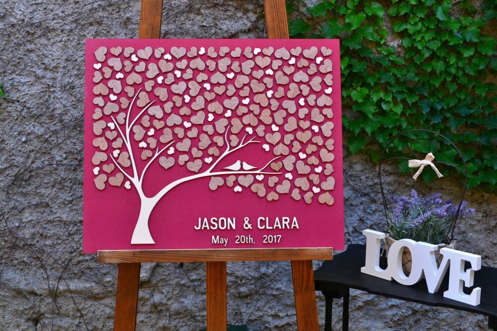 3D Wedding Guest Book Alternative Tree Wood Custom Unique Hearts Leaves Rustic Wedding Wooden Tree Of Life