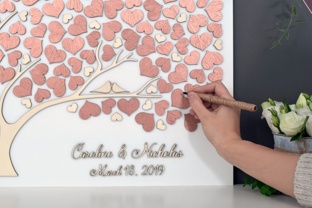 Rose Gold Tree Wedding Guest Book Alternative Tree Wood Custom Unique Hearts Leaves Rustic Wedding Wooden Tree Of Life