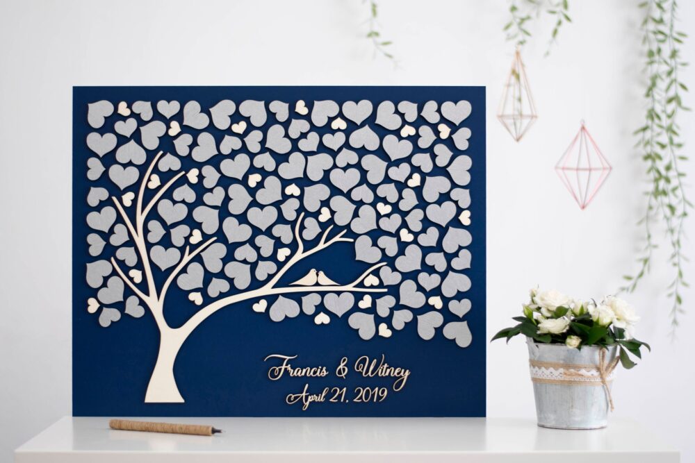 Silver Tree Wedding Guest Book Alternative Tree Wood Custom Unique Hearts Leaves Rustic Wedding Wooden Tree Of Life