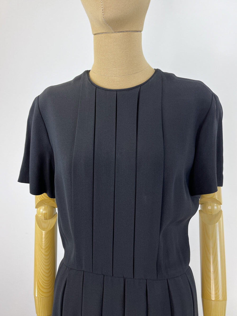 Vintage 1950S Black Crepe Dress. Pleated Bodice & Skirt, Short Sleeve, Handmade