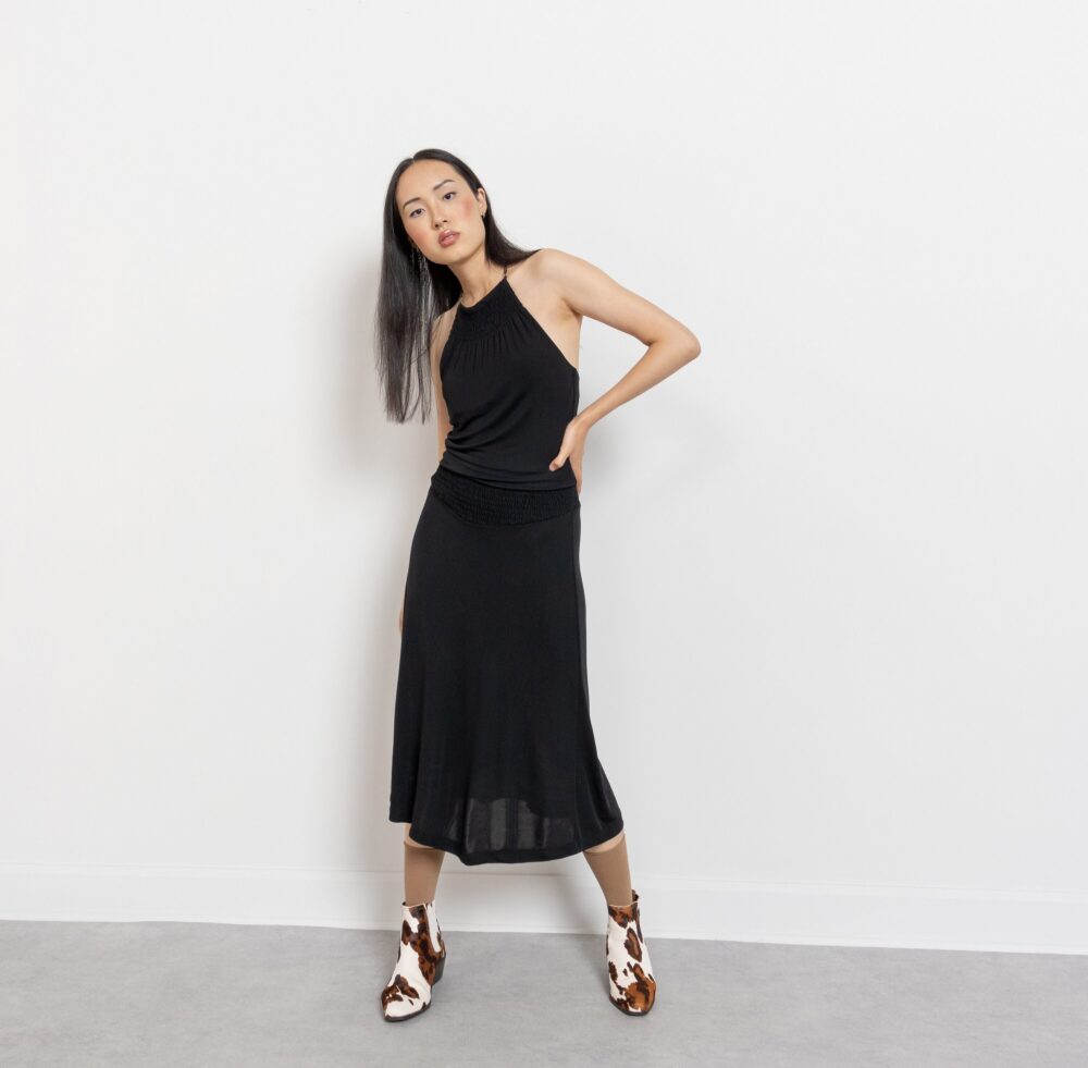 Sale 90's Black Halter Dress Vintage Midi Stretchy Slinky Backless Club Wear/Small