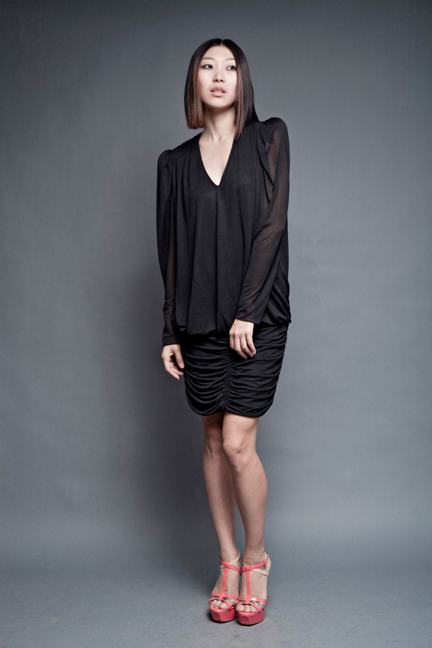 Vintage 80S Dress lbd Mini Little Black Cocktail Party Slinky Sheer Gathered Deep V Neck One Size S M L Small Medium Large