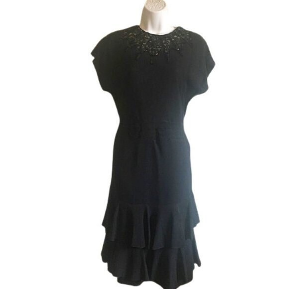 Little Black Dress Vintage Sequin Neckline Flounce Ruffle Hem