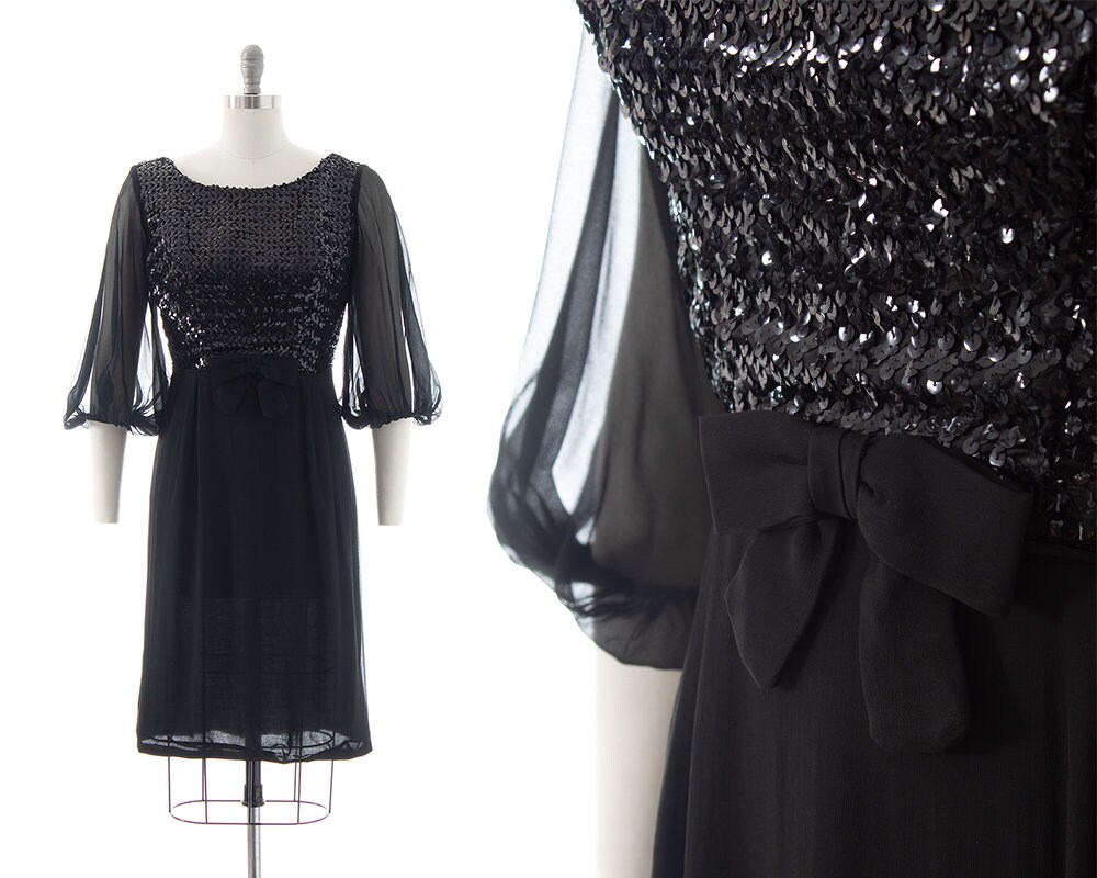 Vintage 1960S Party Dress | 60S Black Sequin Silk Chiffon Balloon Sleeve Sheath lbd Little Formal Cocktail | Medium