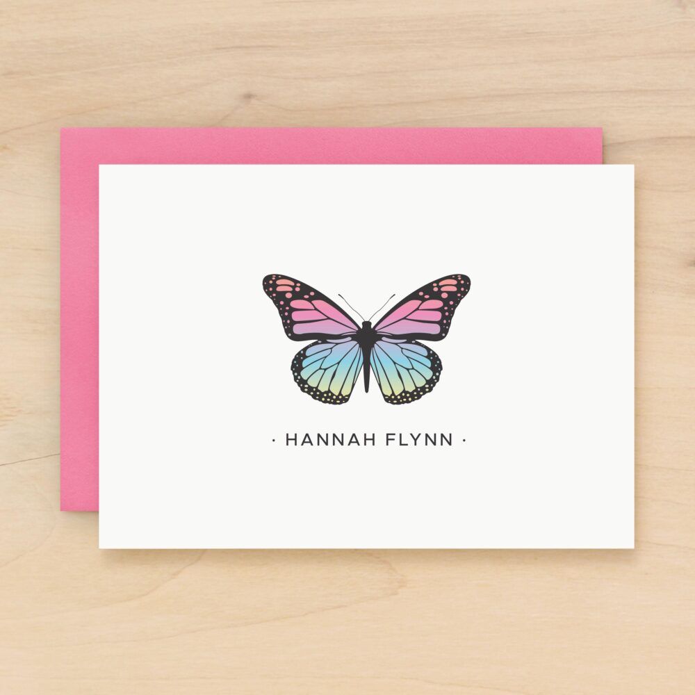 Butterfly Thank You Card | Folded Custom Note With Name Rainbow Teen Girl Stationery Set Personalized For Kids Monarch