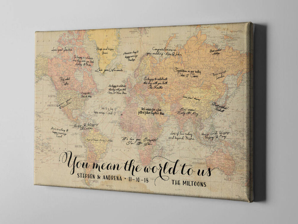 Canvas Guest Book, Vintage World Map Destination Wedding, Rustic Signature Guestbook, Wedding Anniversary Gift For Parents - Cgb152