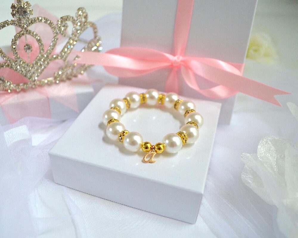 Personalized Flower Girl Bracelet, Pearls Gold Rhinestone Beads, Monogram Initial Jewelry, Wedding Gift For Girls, Junior Bridesmaid