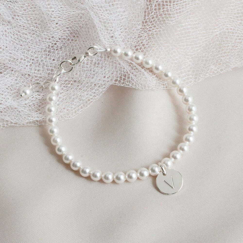 White Pearl Flower Girl Bracelet, Initial Brides Gift, & Silver Gift For