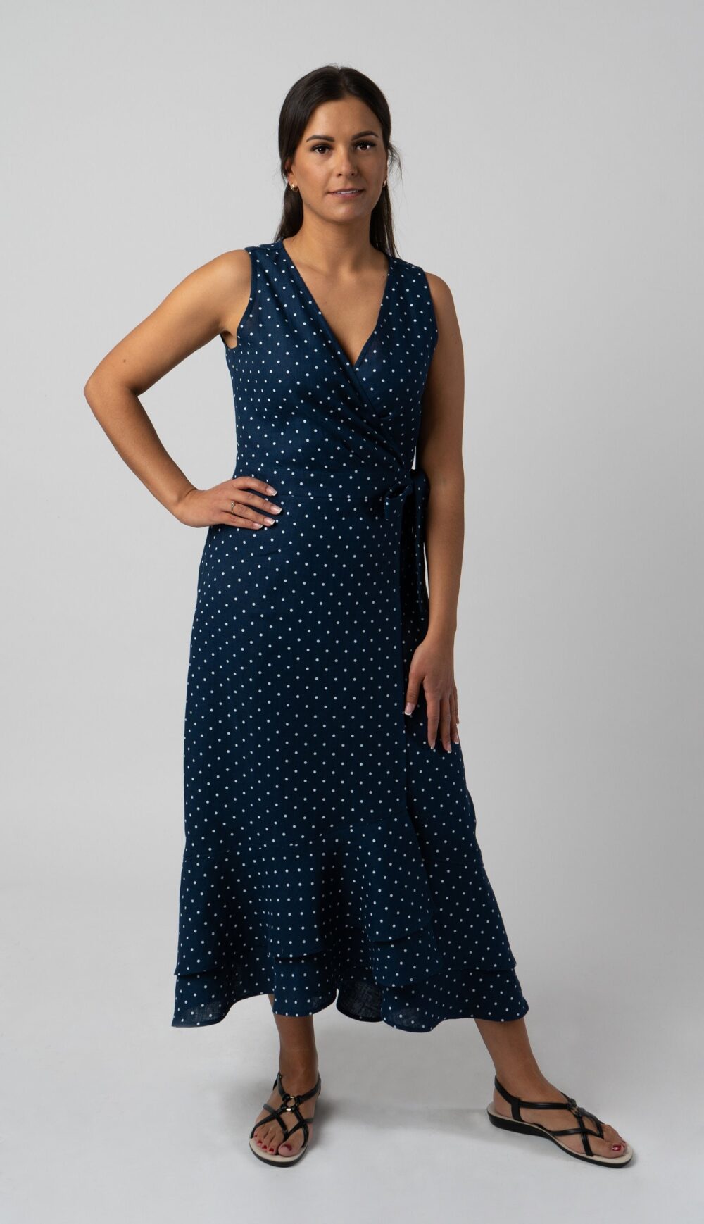 Blue Linen Polka Dot Wrap Dress | Sleeveless Midi Summer Handmade Organic Clothing