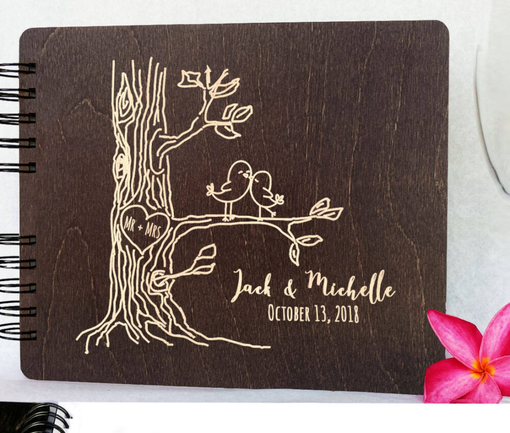Personalized Love Birds Wooden Wedding Guest Book 8.5x7" Wood Alternate Unique Barn Mr Mrs Guestbook Custom Newlywed Register