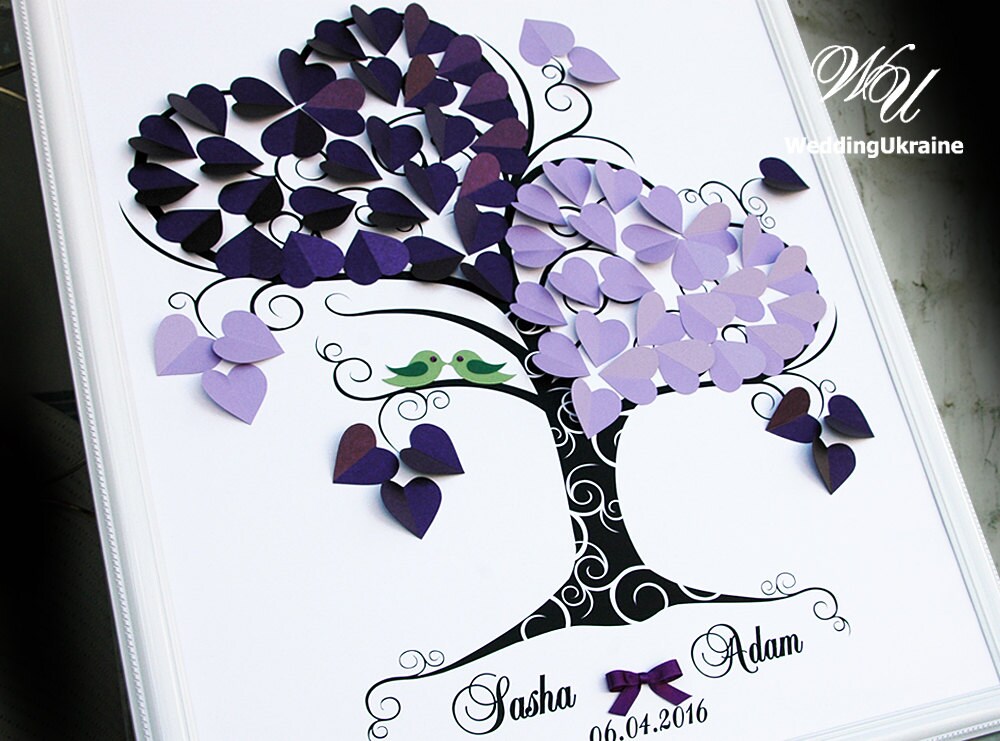 Purple Wedding Guest Book Ideas - Tree With Green Love Birds 3D Tree Modern Alternative To Traditional Guestbooks