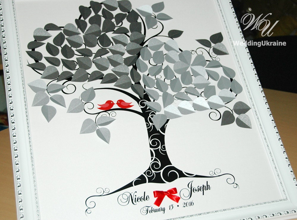 Two Hearts & Love Birds Tree, Wedding Guest Book Ideas, 3D Tree Shadows Of Silver, Modern Alternative To Traditional Guestbooks