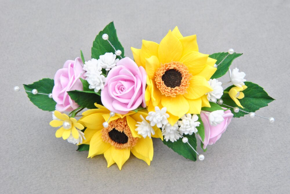 Sunflower Wedding Hair Clip Bridal Flower Comb With Babys Breath Hair, Pink Rose, Pearl