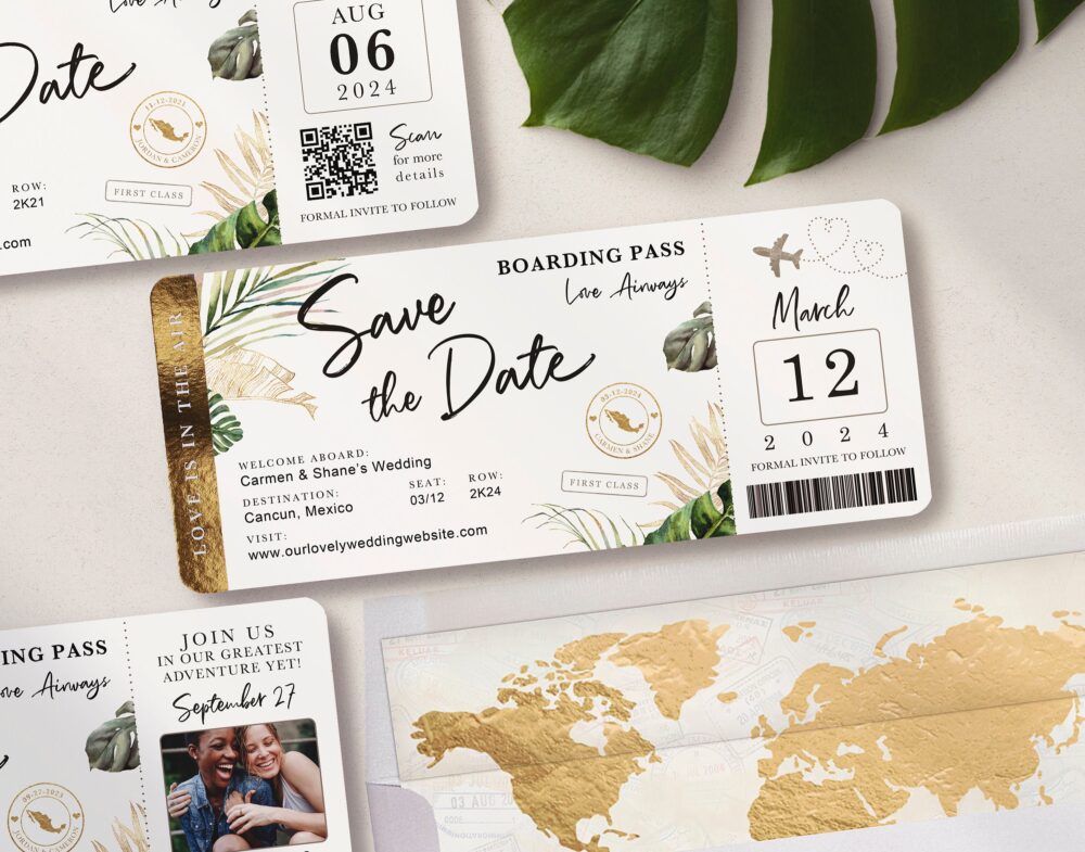 Destination Wedding Boarding Pass Save The Date Invitation Tropical Green Leaves Travel Theme Real Gold Foil Available By Luckyladypaper