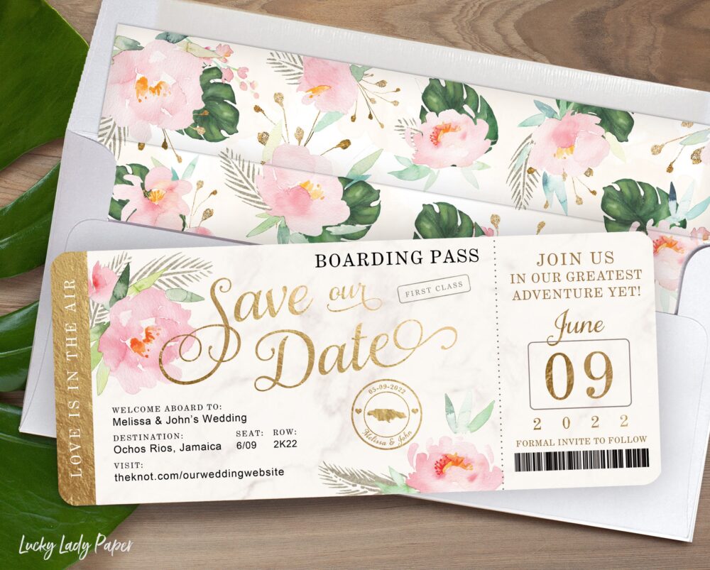 Destination Wedding Boarding Pass Save The Date Invitation in Gold & Marble With Peony Floral Watercolor - See Item Details To Order