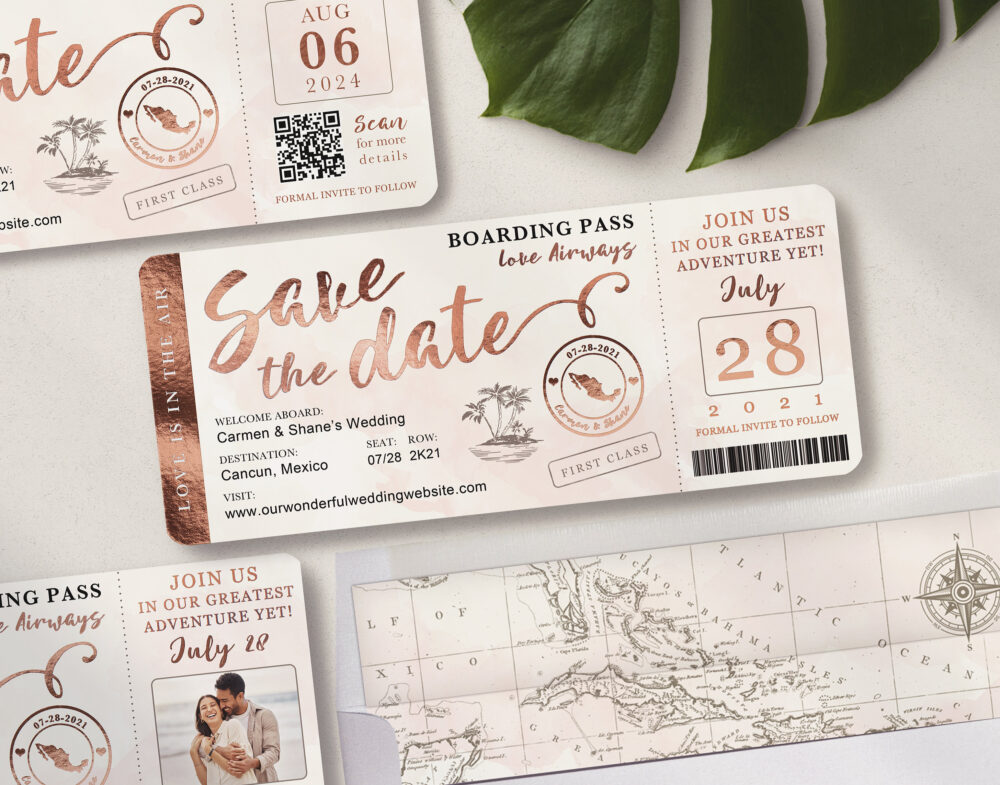 Destination Wedding Boarding Pass Save The Date Invitation in Rose Gold & Blush Watercolor By Luckyladypaper - See Item Details To Order