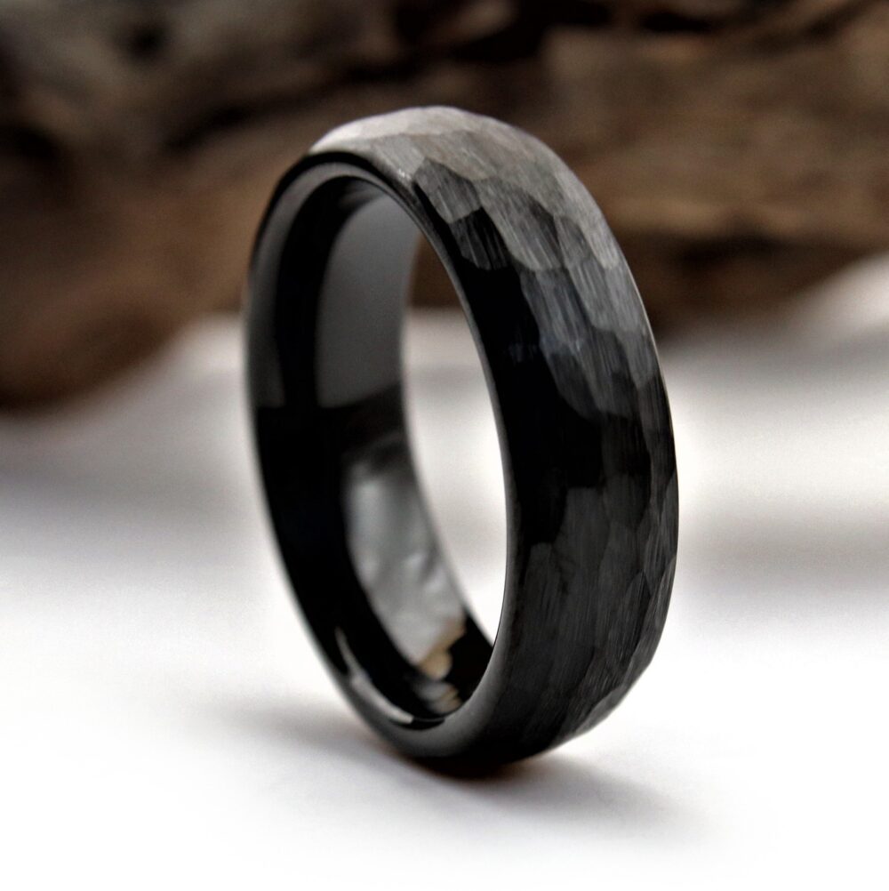 The Saga, Unique Wedding Ring, Black Hammered Men's Women's Band, Engagement Rustic