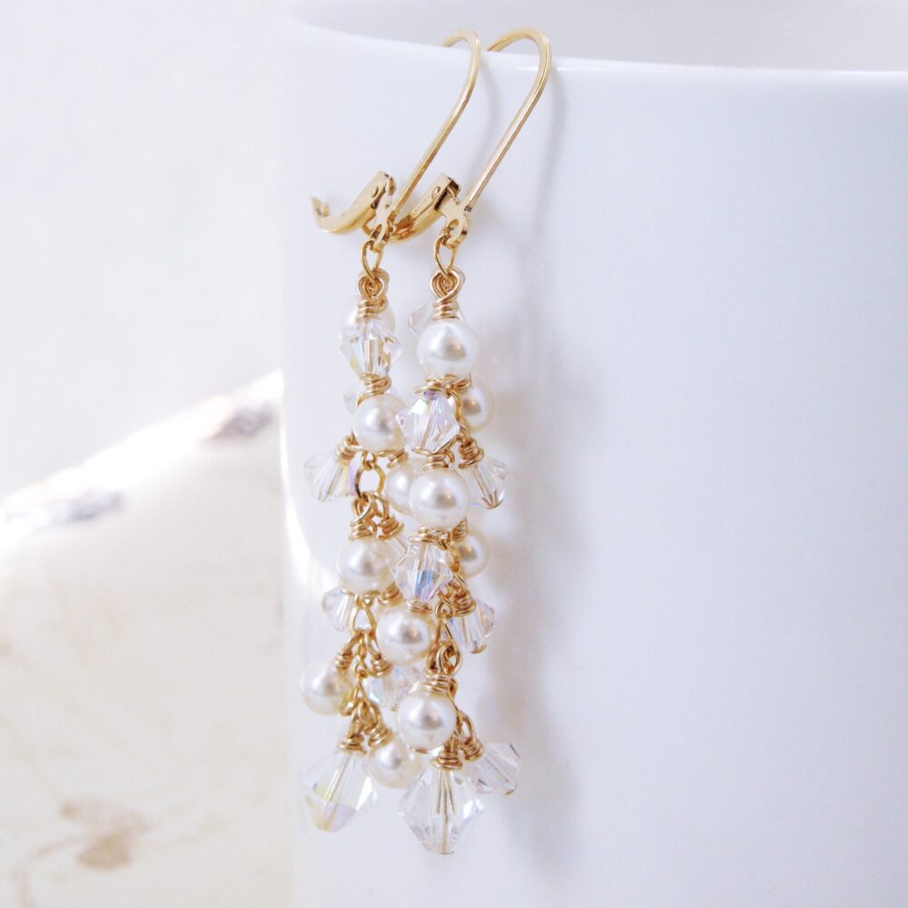 Wedding Pearl Cluster Earrings, Swarovski Pearls & Crystals, Sterling Silver Or Gold Filled, Mother Of Bride Jewelry Handmade Gift