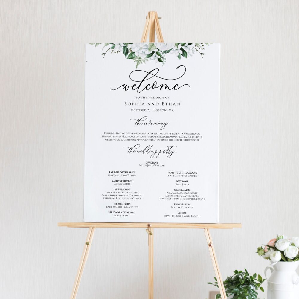 Greenery Wedding Program Poster, Large Board Template, Editable Poster Sign, Printable Ceremony Templett C39