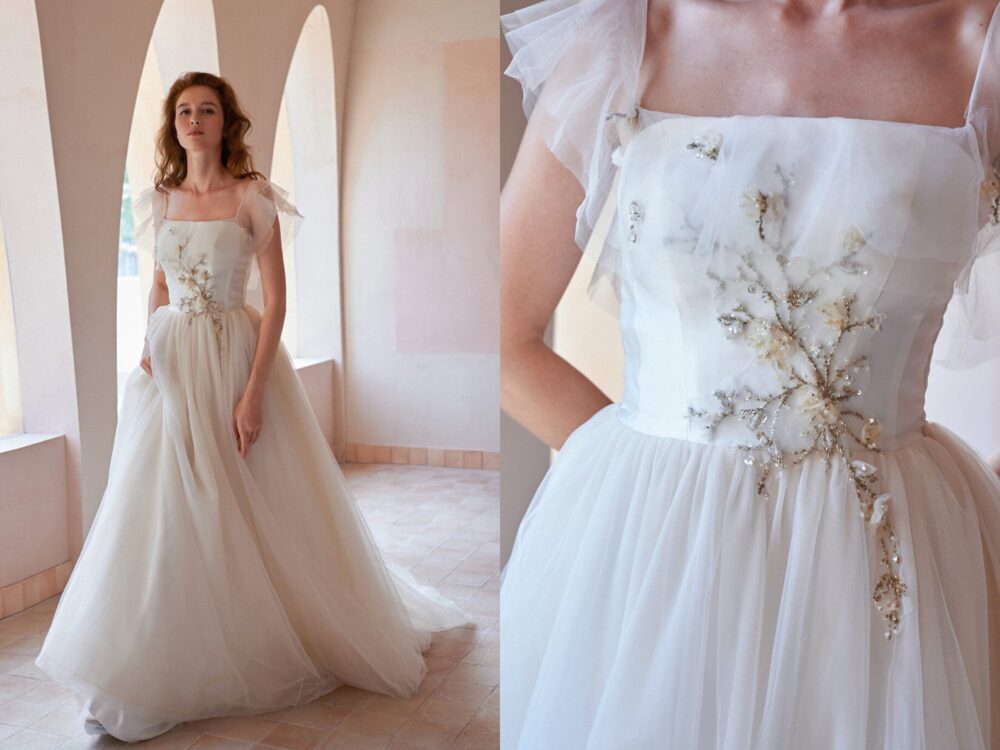 Whimsical Tulle Wedding Dress, Fairy Boho Embroidered Nontraditional Gown