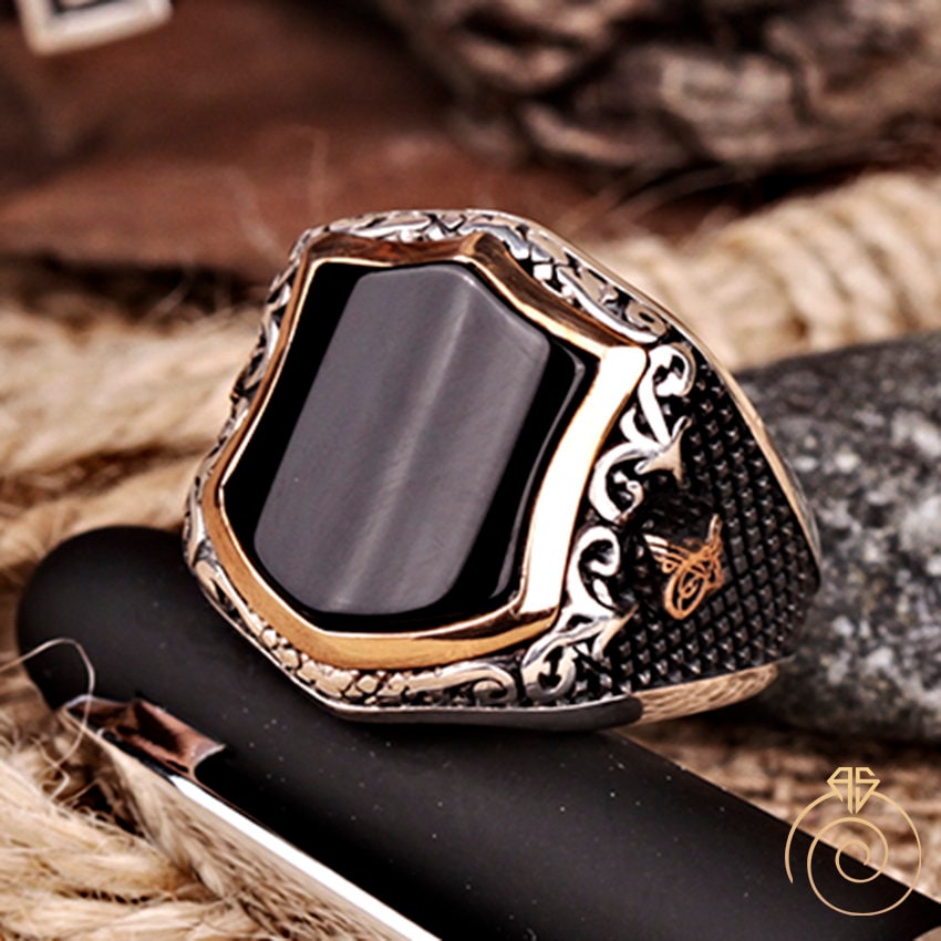 Mens Onyx Rings, Black Stone Silver Statement Ring, Celtic Vintage Signet Viking Warrior Manly Infinity Band Can Be Gold Custom Made