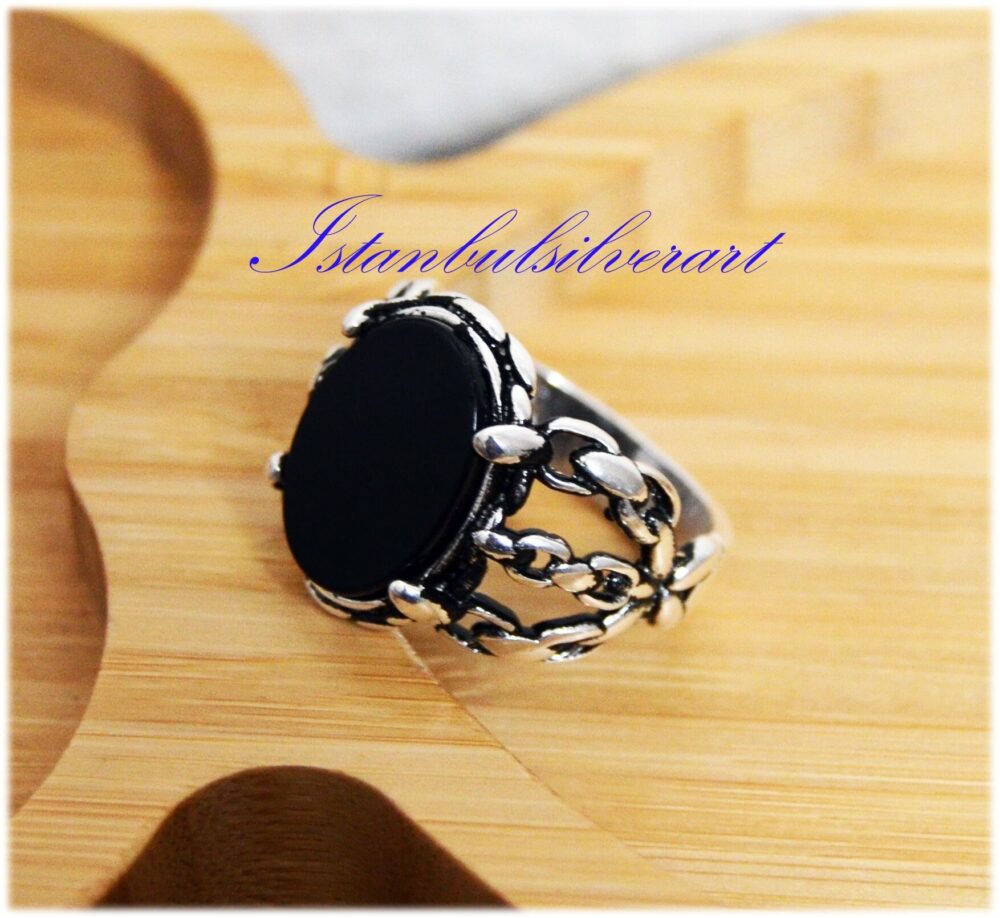 Handmade 925 Sterling Silver Mens Onyx Ring Turkish Ottoman Style