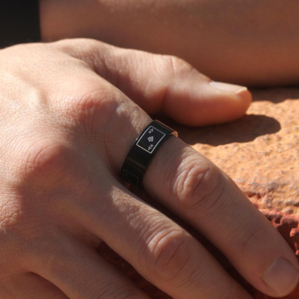 Ace Card Black Stainless Steel Ring 8mm Flat, Custom Engraved Wedding Band, Couple Promise Rings