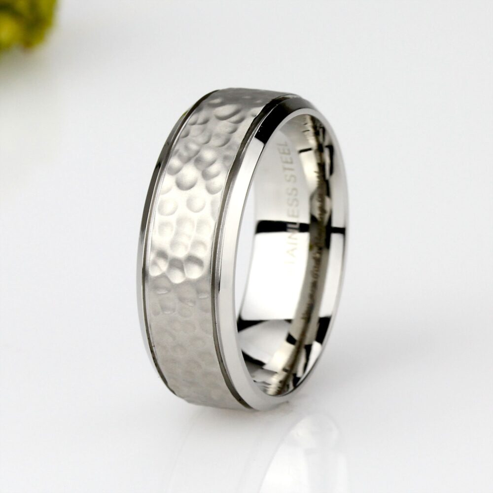 Custom Engraving Men Women Fashion 8mm, 6mm Surgical Stainless Steel Ring, Hammered Wedding Band Band, Personalized Ring