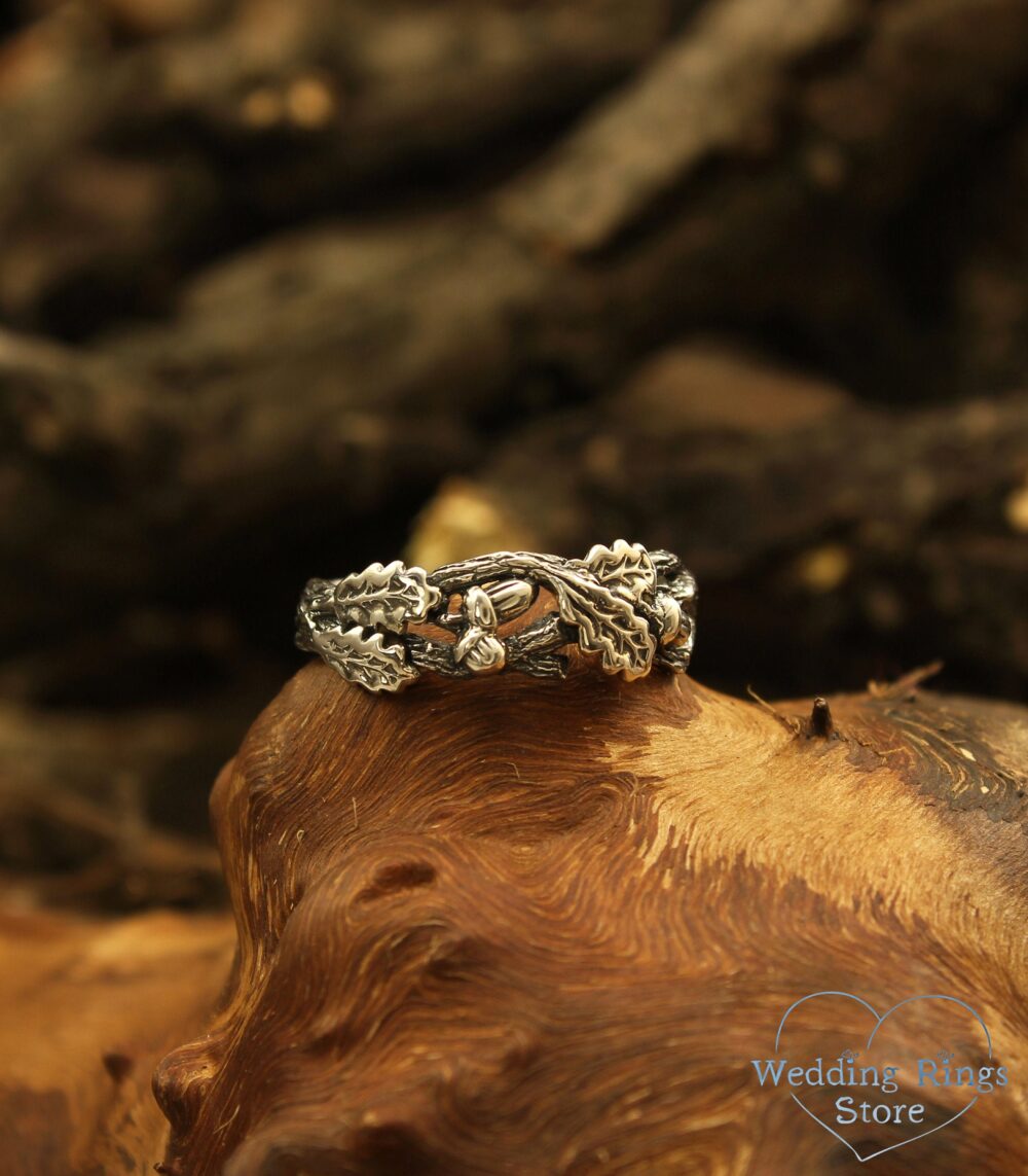 Unusual Oak Leaves Wedding Band, Acorns On A Twig Ring, Tree Branch White Gold Unisex Nature Unique Anniversary Gift