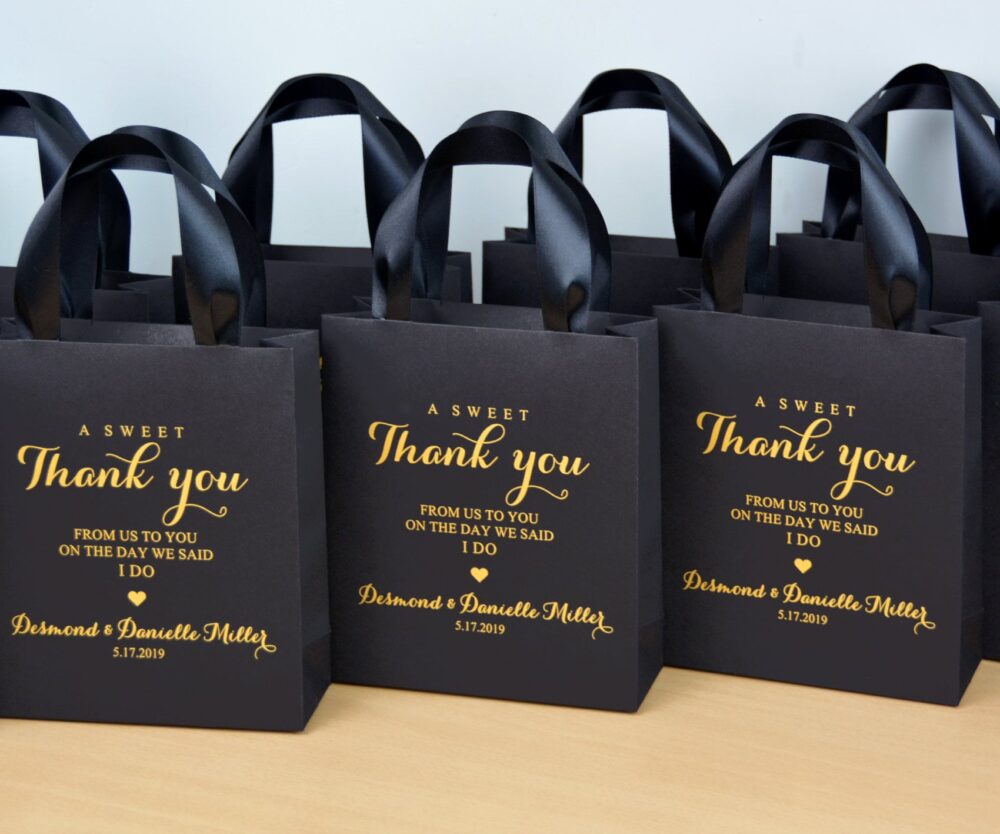 35 Black & Gold Wedding Favor Bags With Satin Ribbon Handles & Custom Names, A Sweet Thank You Favor. Personalized Gift Bags For Guests