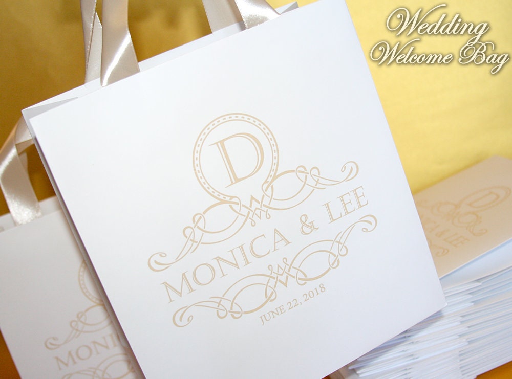 Personalized Wedding Favor Bags Monogram Logo, Ribbon Handles | Set Of 30
