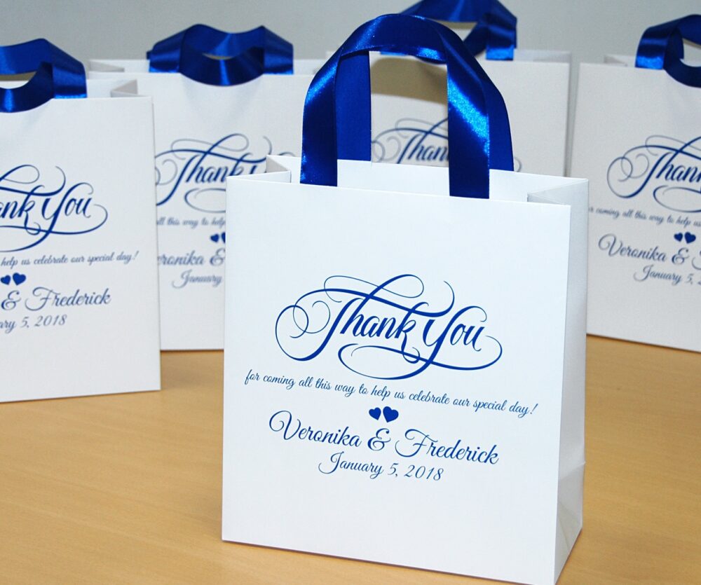 40 Wedding Favor Bags With Satin Ribbon & Names, Personalized Welcome Bag, Elegant Royal Blue Weddings, Wedding Favors For Guests