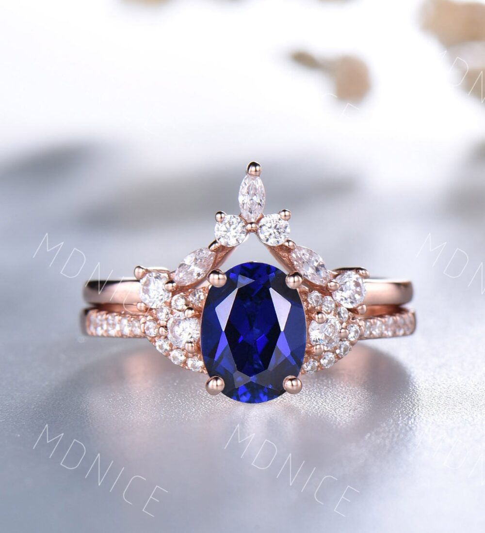Oval Blue Sapphire Engagement Ring Set Marquise Cluster, Stacking Band