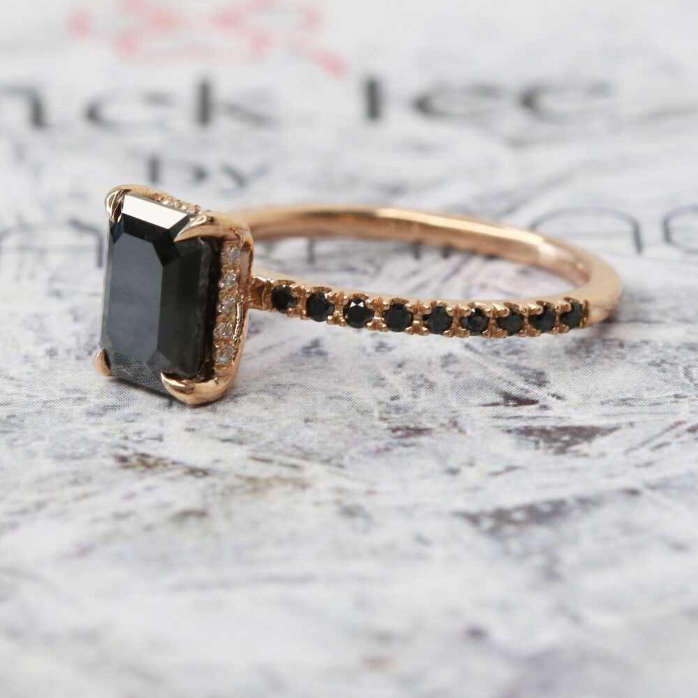 Emerald Cut Black Diamond Engagement Ring, Alternative Natural Diamond, 14K Rose Gold Ring
