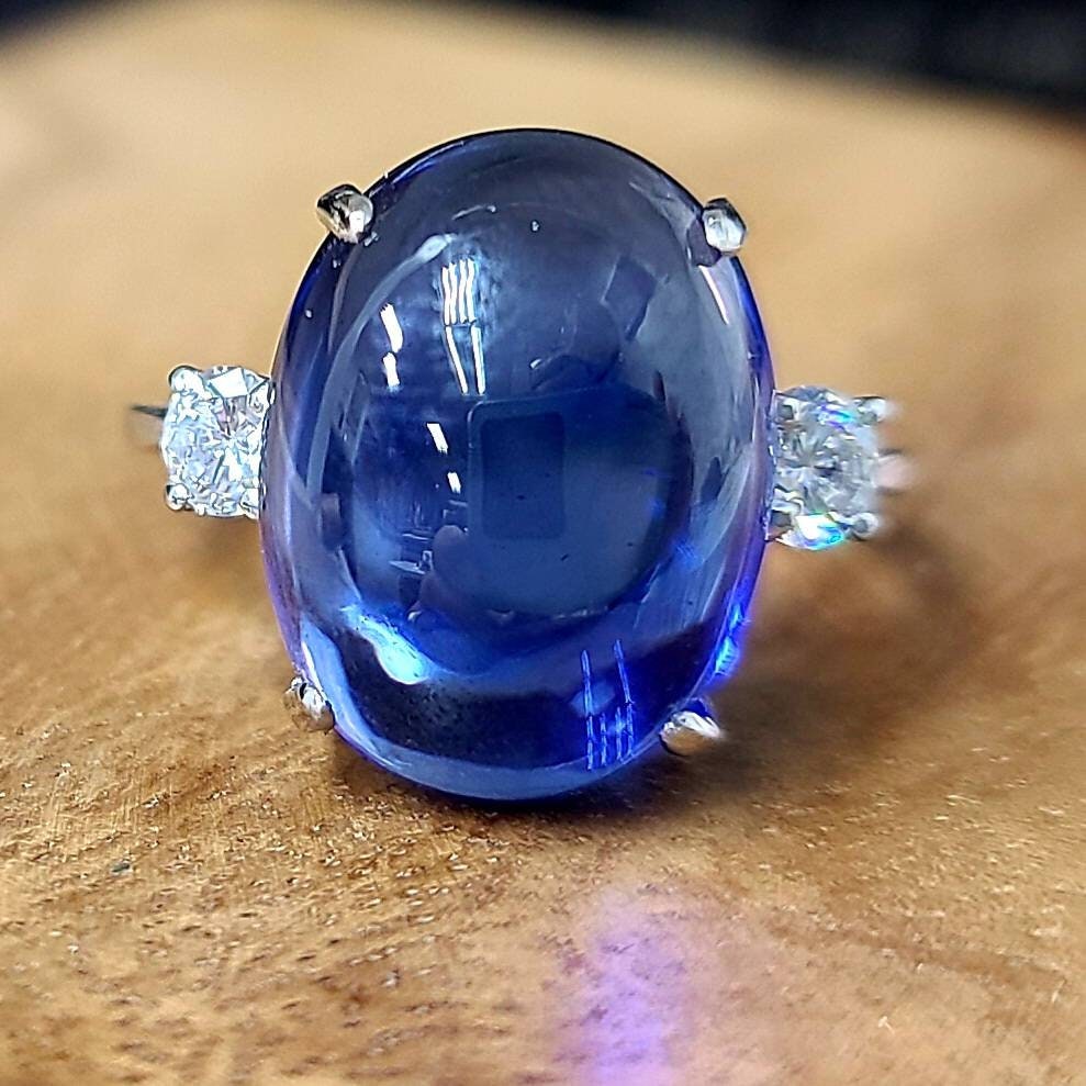 14K White Gold Vintage Engagement Ring 12.07Ct. Gem Blue Sapphire Cabochon