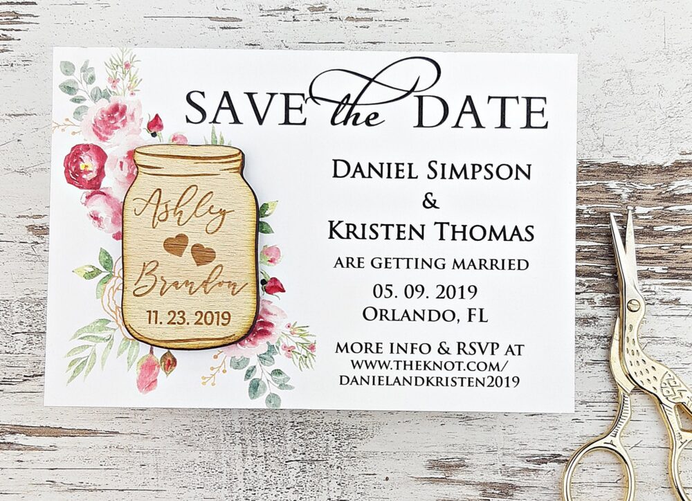 Mason Jar Save The Date Rustic Wedding Wood Magnet