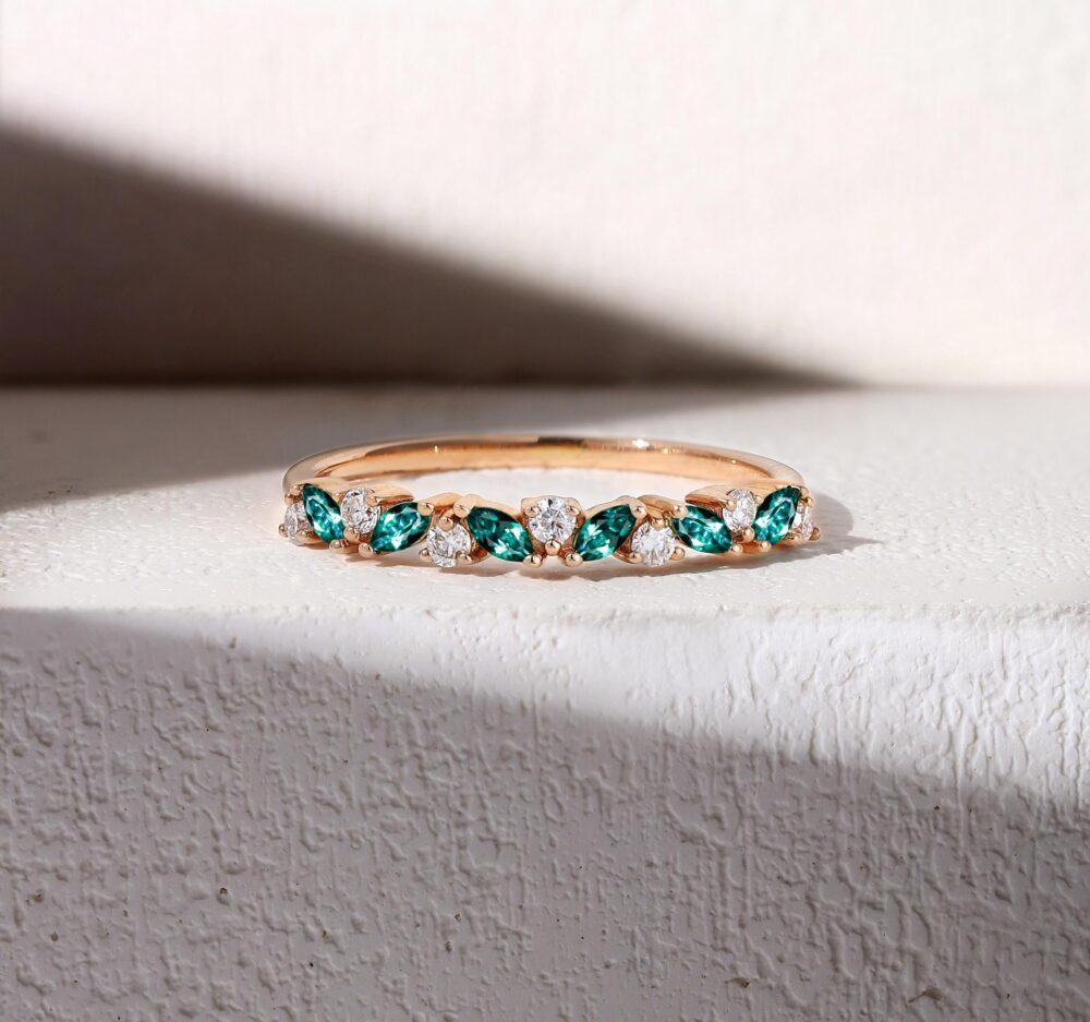 Vintage Lab Emerald Wedding Band Unique Diamond Rose Gold Band Bridal Ring Art Deco Stacking Moissanite Anniversary Matching