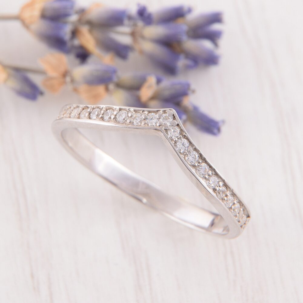 Womens Curved Wedding Band, V Ring, Chevron Silver Cz Band